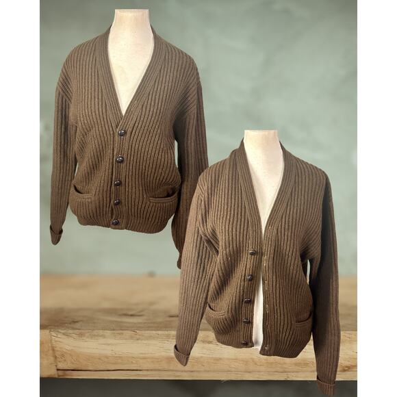 Vintage 40s 50s Jantzen Ribbed Brown Lambswool Academia Cardigan Sweater Size M - Picture 1 of 4